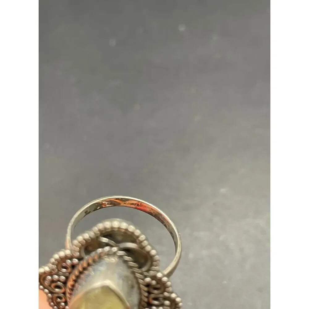 Vintage 925 Sterling Silver Rutilated Quartz Marquise Ring Size 8.75 Filigree